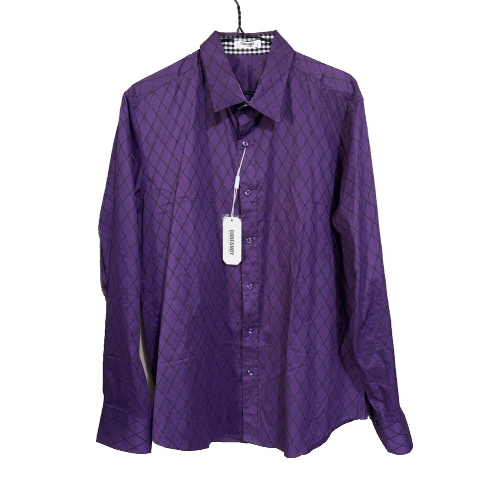 Coofandy Diamond Long Sleeve Button‎ Up  Men M Flip Cuff Gingham Contrast NWT